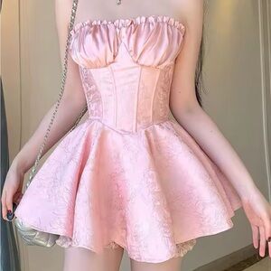 Pink Sleeveless Corset Dress Built-in Bloomers Sweet Jacquard Mini Dress Small